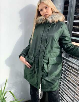 green parka with faux fur hood