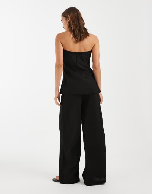 Pieces - Parte de un conjunto - Pantalones negros de pernera ancha con pinzas delanteras de tejido efecto lino, 5 de 5
