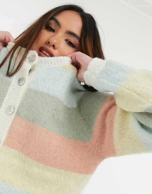 Pieces pastel striped cardigan with shell buttons in multi