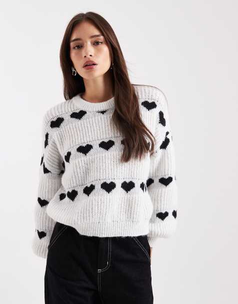 Pieces patterned heart knit jumper in mono - view 1