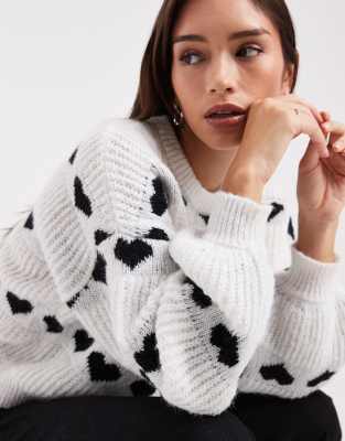 Pieces Patterned Heart Knit Sweater In White