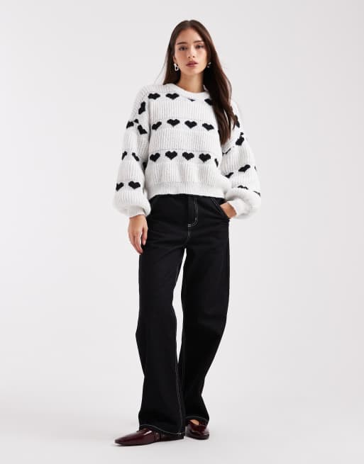 Pieces patterned heart knit sweater in mono | ASOS