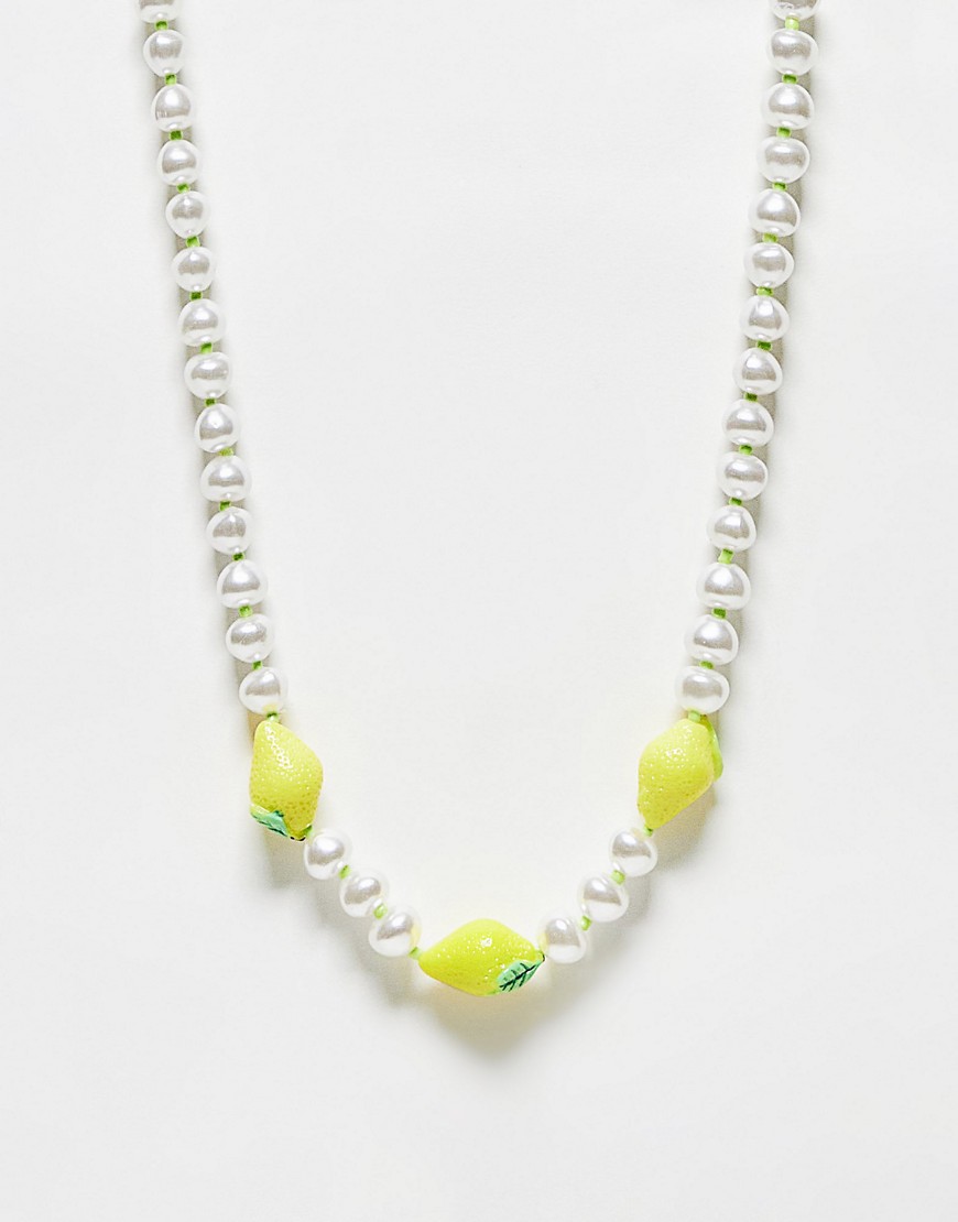 Pieces pearl choker necklace with lemons in ivory-White