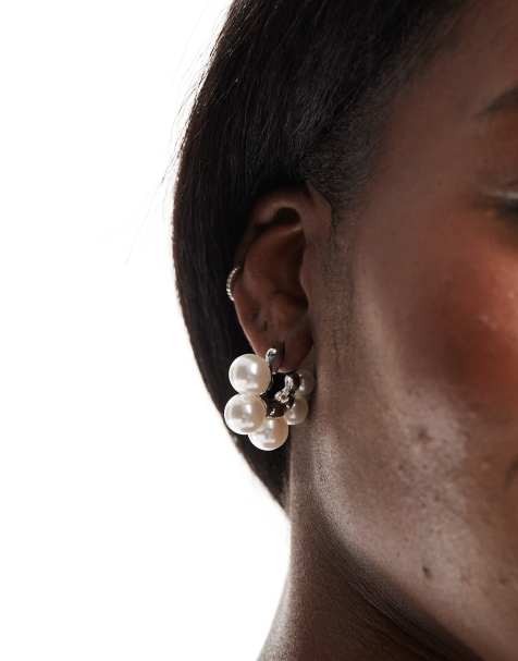 Pieces pearl detail hoop earrings in silver - view 1