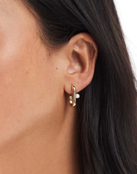 Pieces pearl detail rectangle hoops in gold tone - view 1