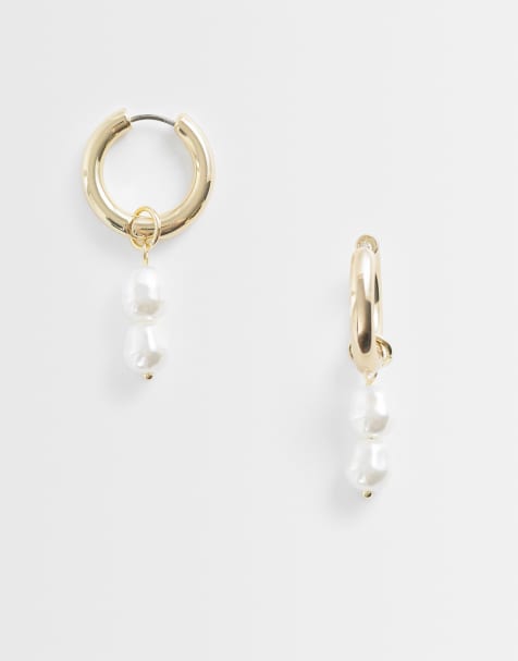 Pieces pearl drop hoop earrings in gold tone - view 1