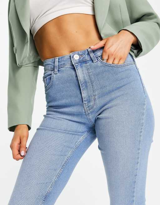 Pieces Tall Peggy high waisted flared jeans in light blue, ASOS