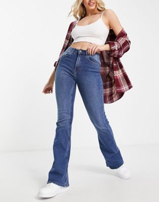 Pieces Peggy high waisted flared jeans in mid blue denim