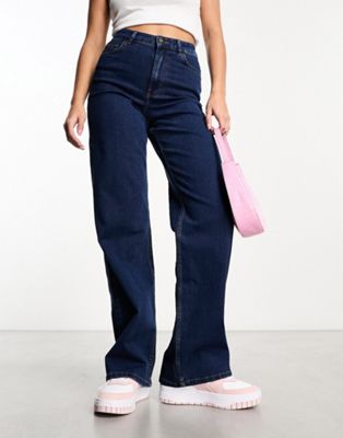 Pieces Peggy high waisted wide leg jeans in dark blue