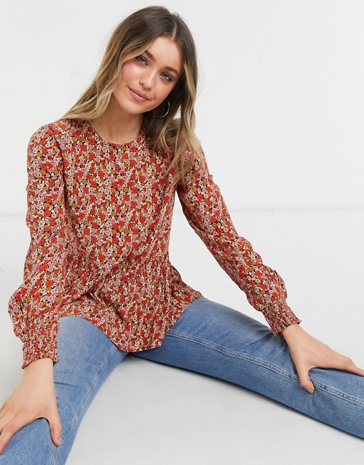 Pieces peplem blouse in red ditsy floral