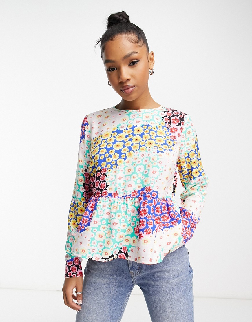 Pieces peplum blouse in patchwork floral-Multi
