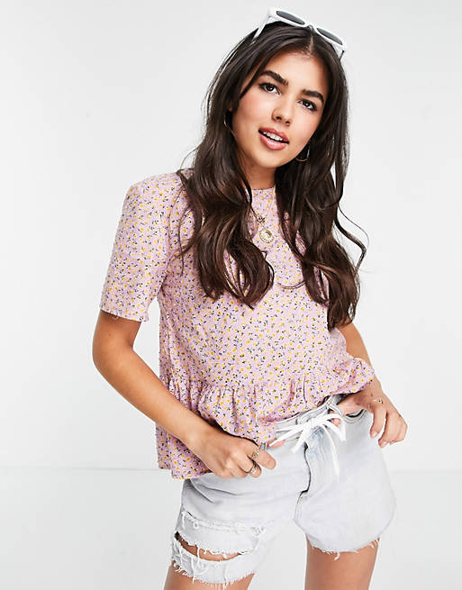  Pieces peplum blouse in pink ditsy floral 