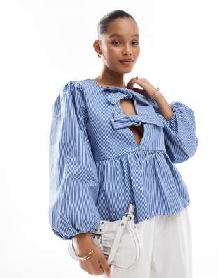 Pieces Pieces peplum hem tie front top in blue stripe