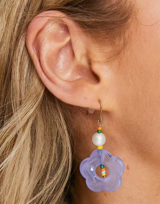 Pieces – Perlenbesetzte Ohrringe in Blau mit Blumenanhängern, 3 von 4