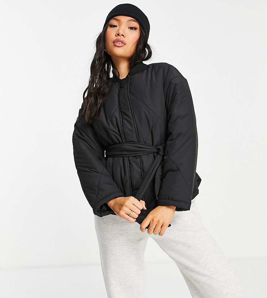 Pieces Petite belted padded bomber jacket in black