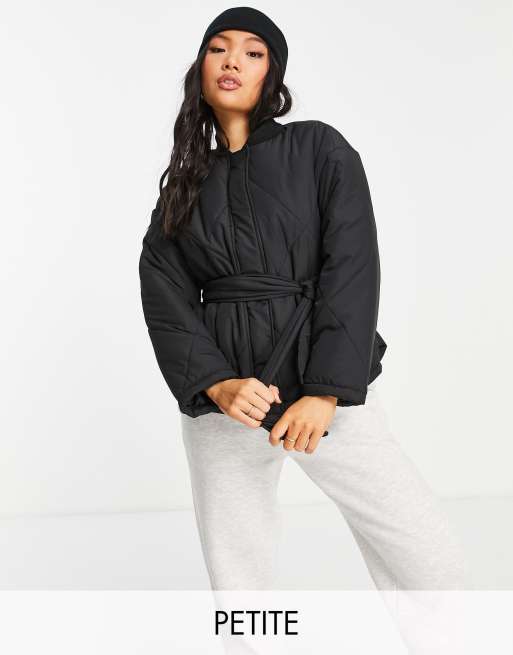 Pieces Petite belted padded bomber jacket in black