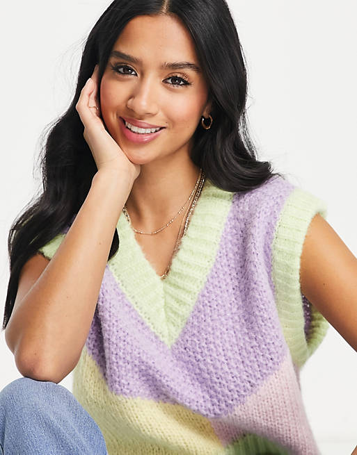 Women Pieces Petite colourblock knitted vest in lilac & lime 