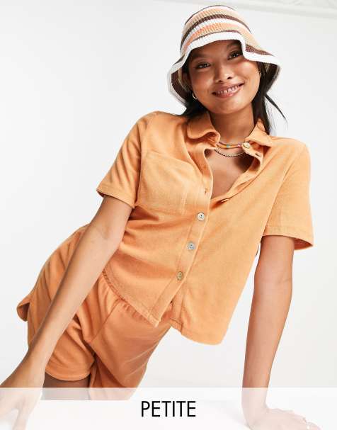 Pieces Petite cotton blend terry towelling polo top co-ord in camel - BEIGE - view 1