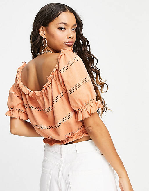 Women Pieces Petite cropped puff sleeve top in coral 