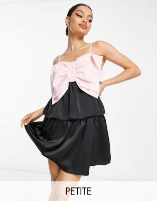Pieces Petite Pieces Petite exclusive bow detail mini dress in black & pink