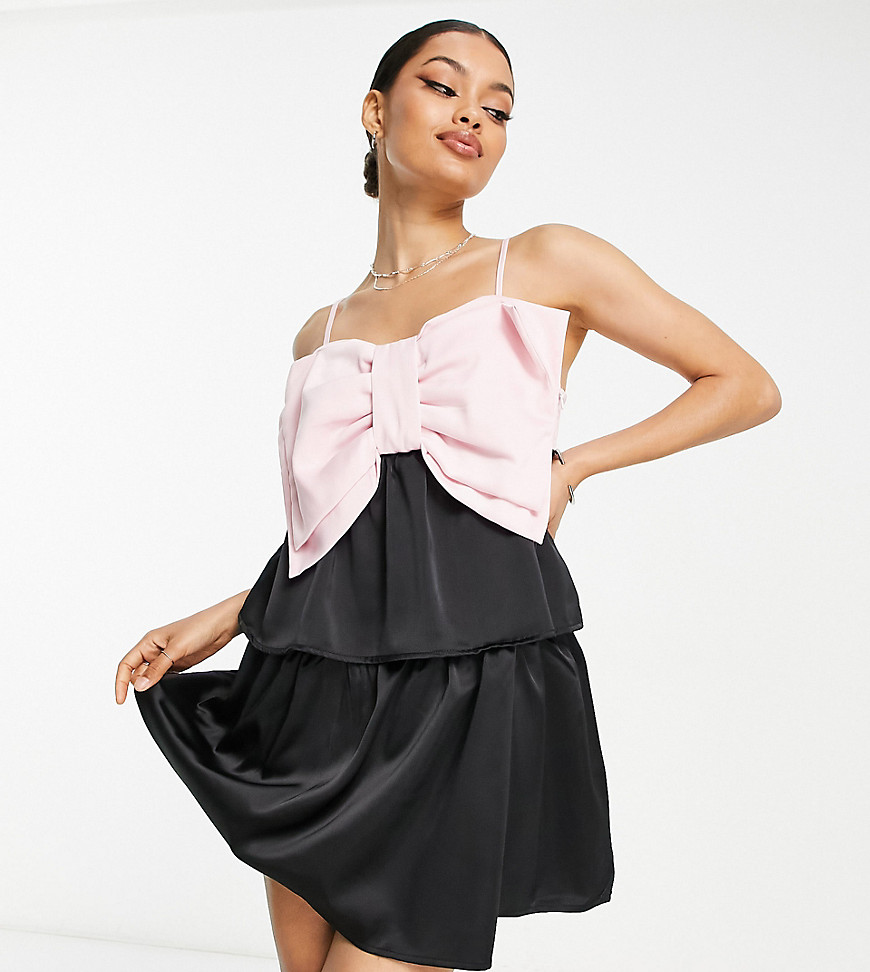 Pieces Petite exclusive bow detail mini dress in black & pink