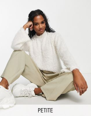 Pieces Petite exclusive high neck fluffy jumper in white