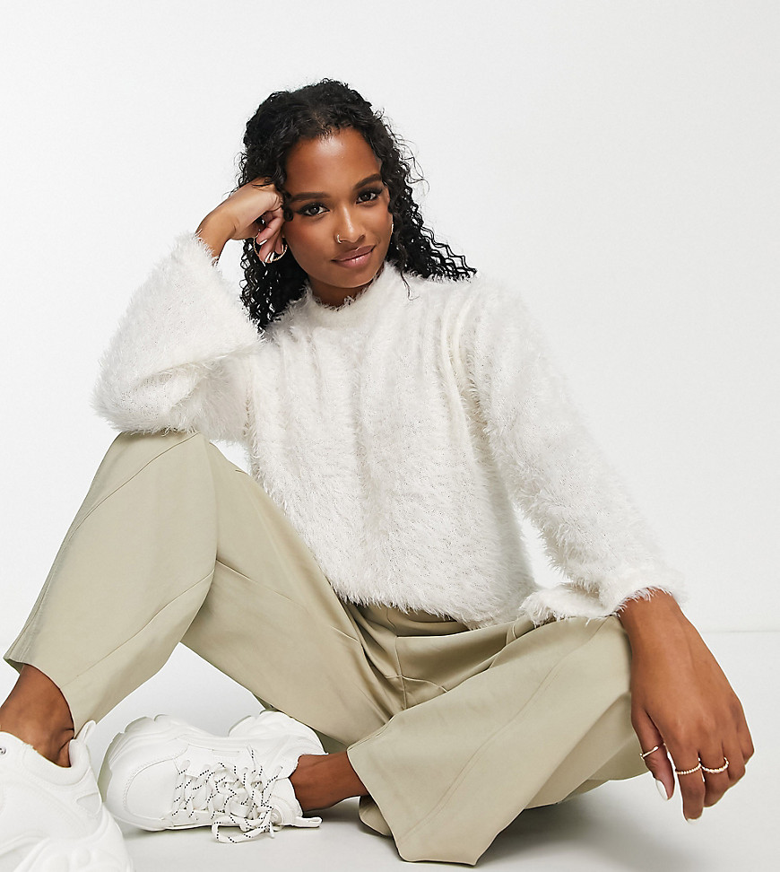 Pieces Petite exclusive high neck fluffy jumper in white