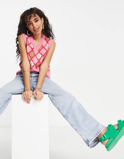 Pieces Petite exclusive lightweight sweater vest in bright pink u0026 red plaid  | ASOS