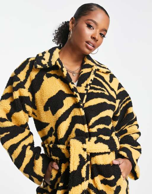 Pieces Petite exclusive longline teddy coat in yellow animal