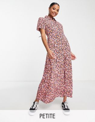 Pieces Petite exclusive maxi shirt dress in orange ditsy floral