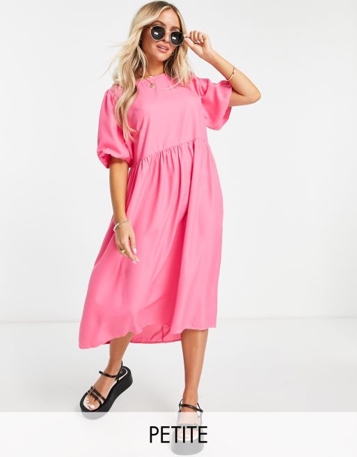 Pieces Petite exclusive midi smock dress in bright pink