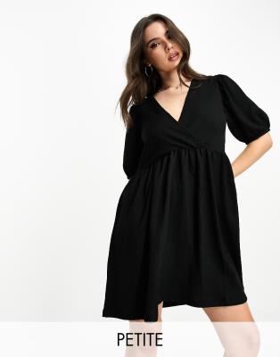 Pieces Petite Exclusive textured V-neck smock mini dress in black