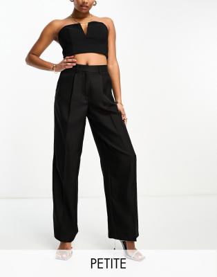 Pieces Petite exclusive wide leg trousers with pleat detail in black