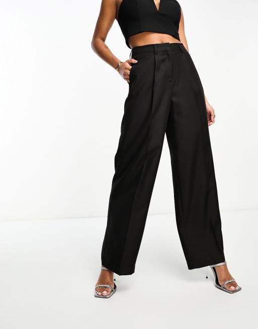 Pieces Petite exclusive wide leg trousers with pleat detail in black