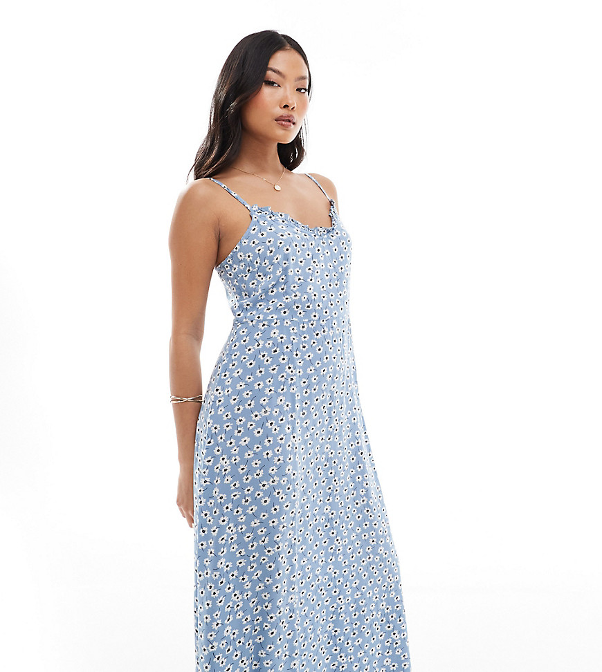 Pieces Petite frill cami maxi dress in blue ditsy floral