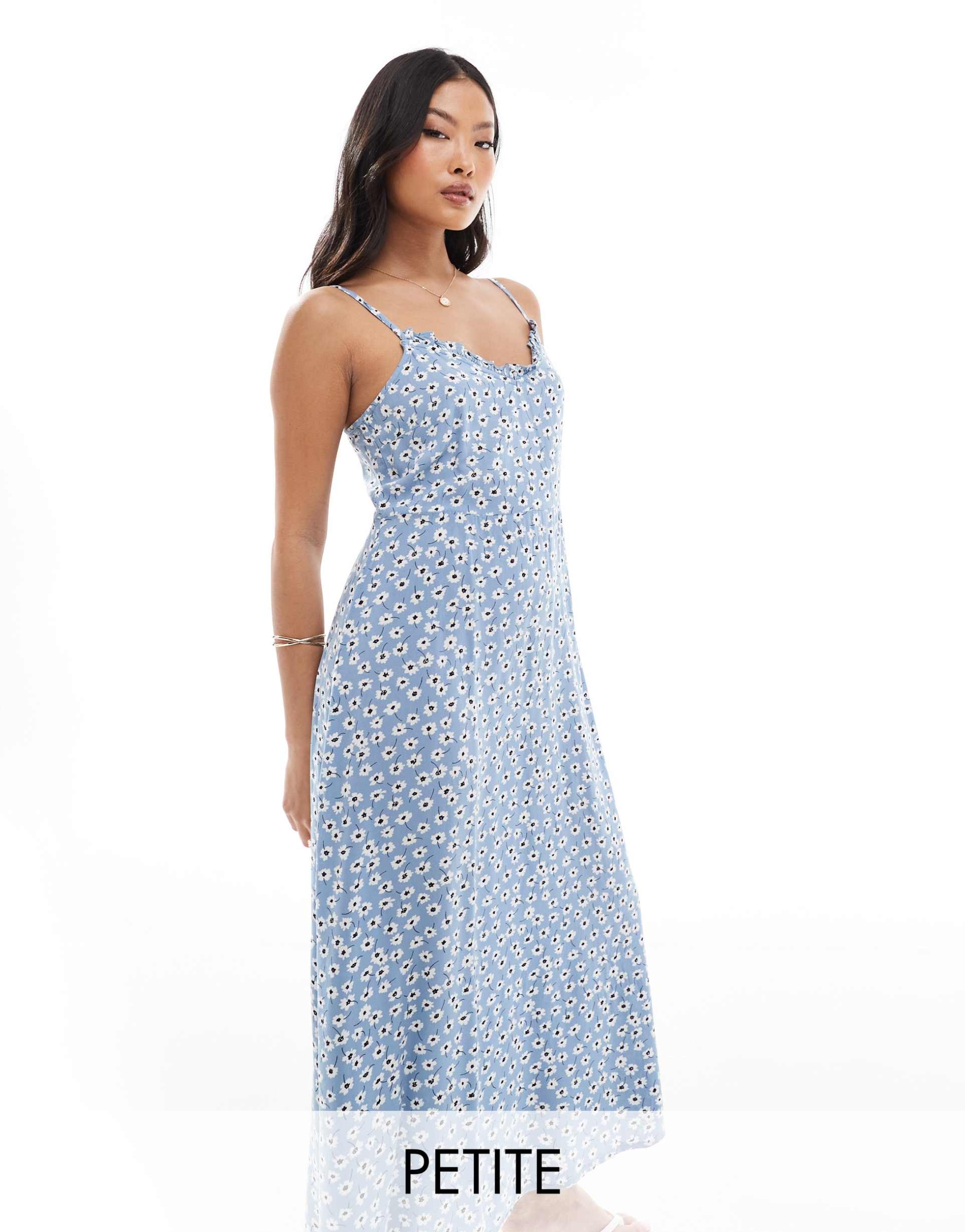 pieces petite frill cami maxi dress in blue ditsy floral