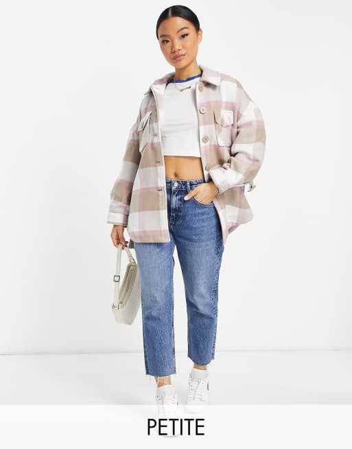 Pieces Petite - Geruite shacket van wol met riem in gemengd paars
