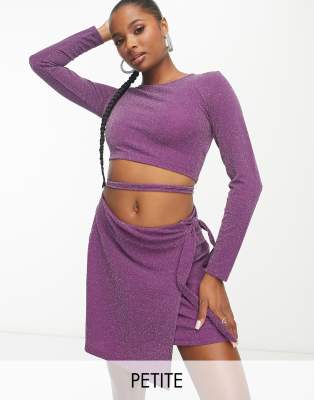 Pieces Petite glitter cut-out tie detail top in purple