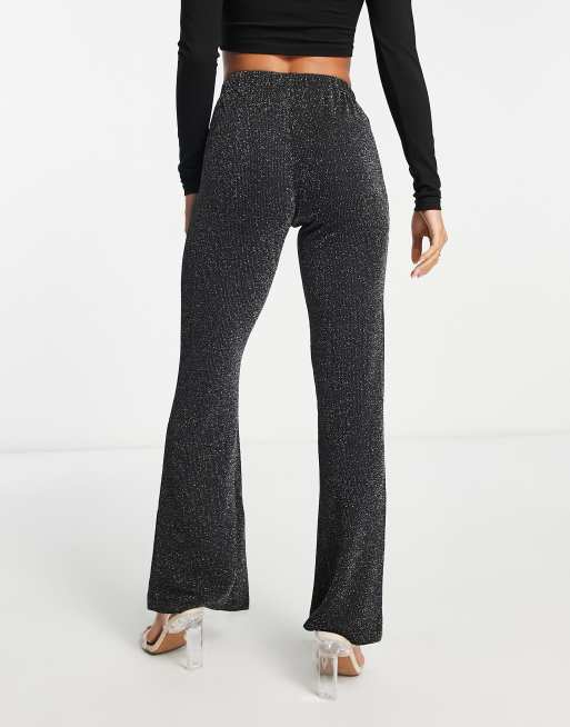 Pieces Petite glitter high waisted flared pants in black