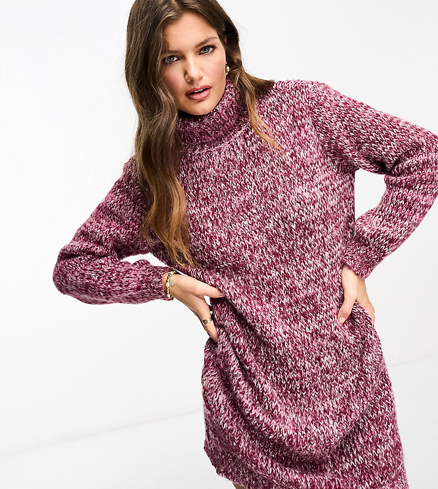 Pieces Petite high neck knitted mini jumper dress in purple-Multi