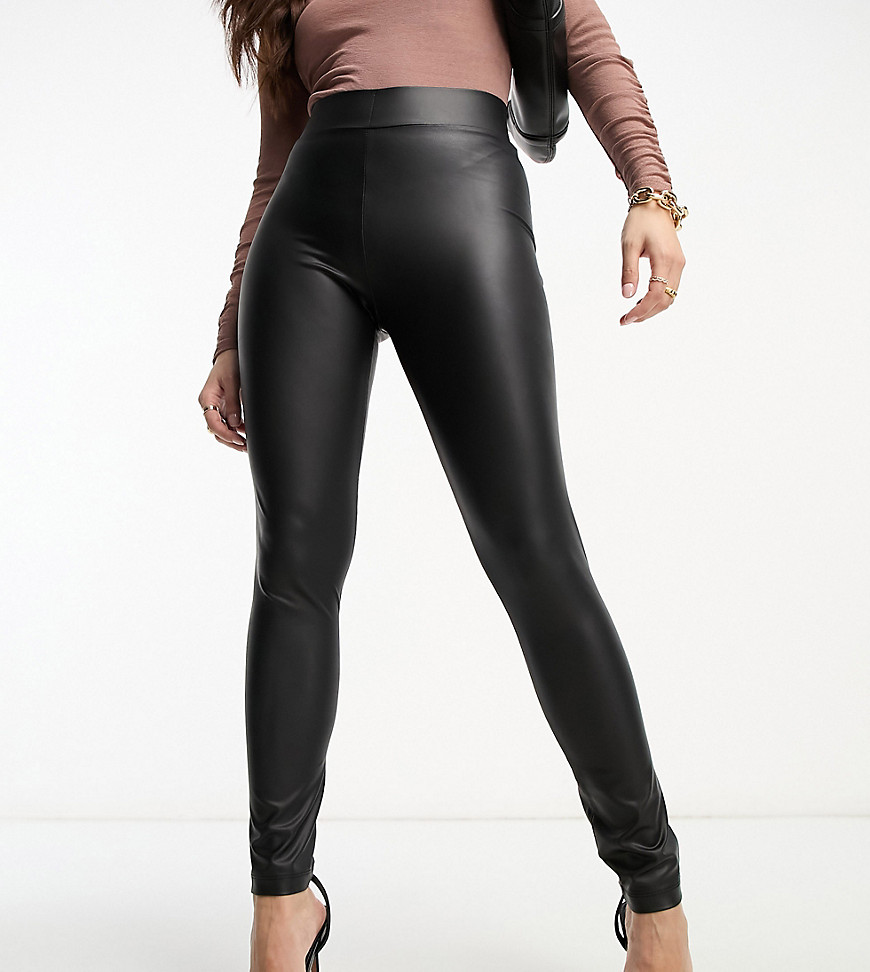 Pieces Petite high waisted coated leggings in black