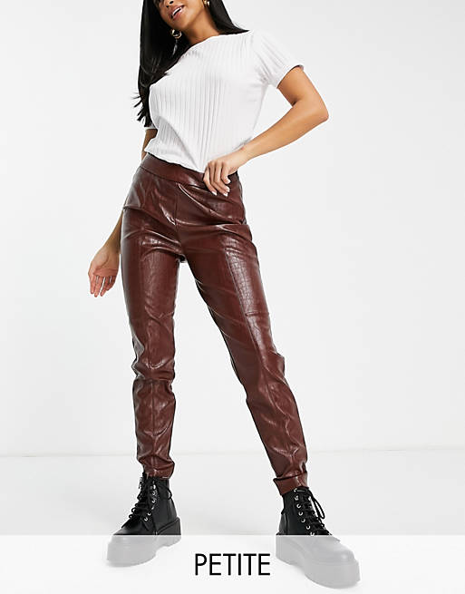  Pieces Petite high waisted faux leather trousers in brown 
