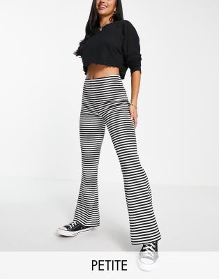 Pieces Petite high waisted flared trousers in black & white stripe