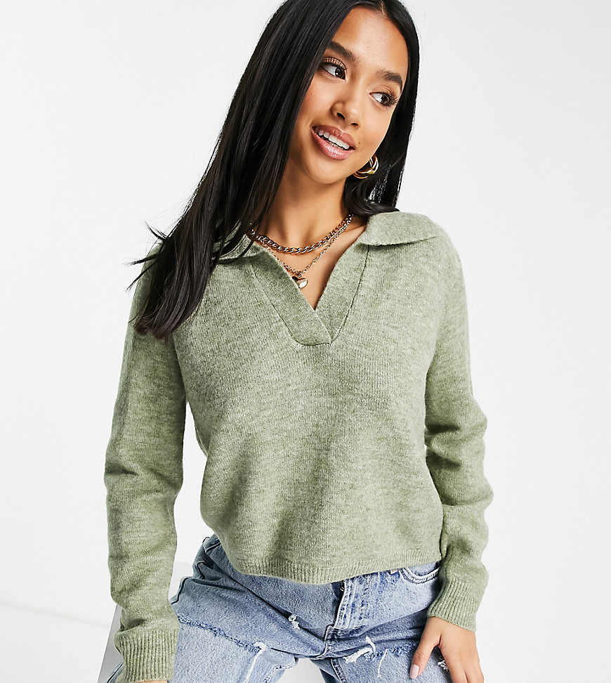 Pieces Petite Knitted Polo Neck Top In Green