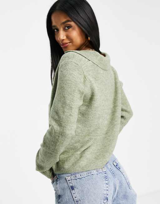 Pieces Petite knitted polo neck top in green