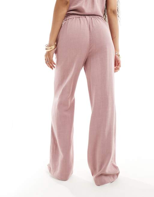 Pieces Petite – Leinenhose in glitzerndem Rosa mit weitem Bein, Kombiteil, 2 von 5