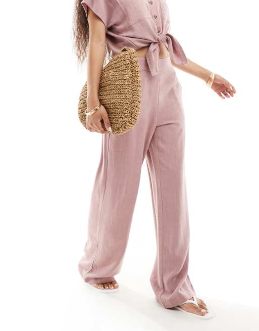 Pieces Petite – Leinenhose in glitzerndem Rosa mit weitem Bein, Kombiteil, 4 von 5
