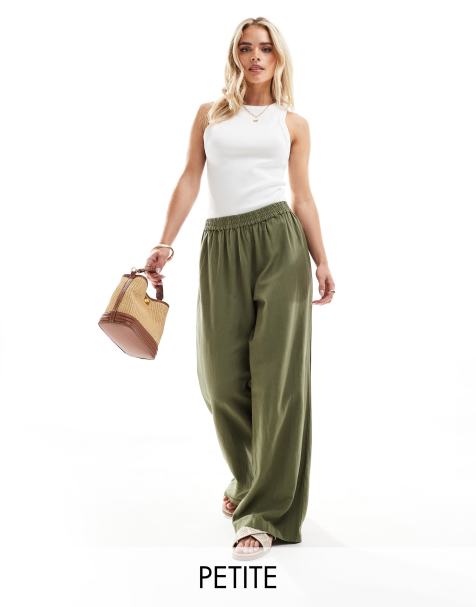 Pieces Petite linen touch wide leg pants in khaki - view 1