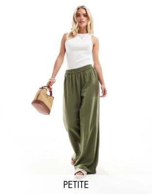 Pieces Petite Pieces Petite linen touch wide leg trousers in khaki-Green