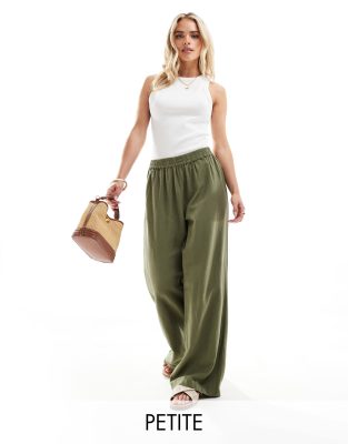 Pieces Petite linen touch wide leg trousers in khaki-Green